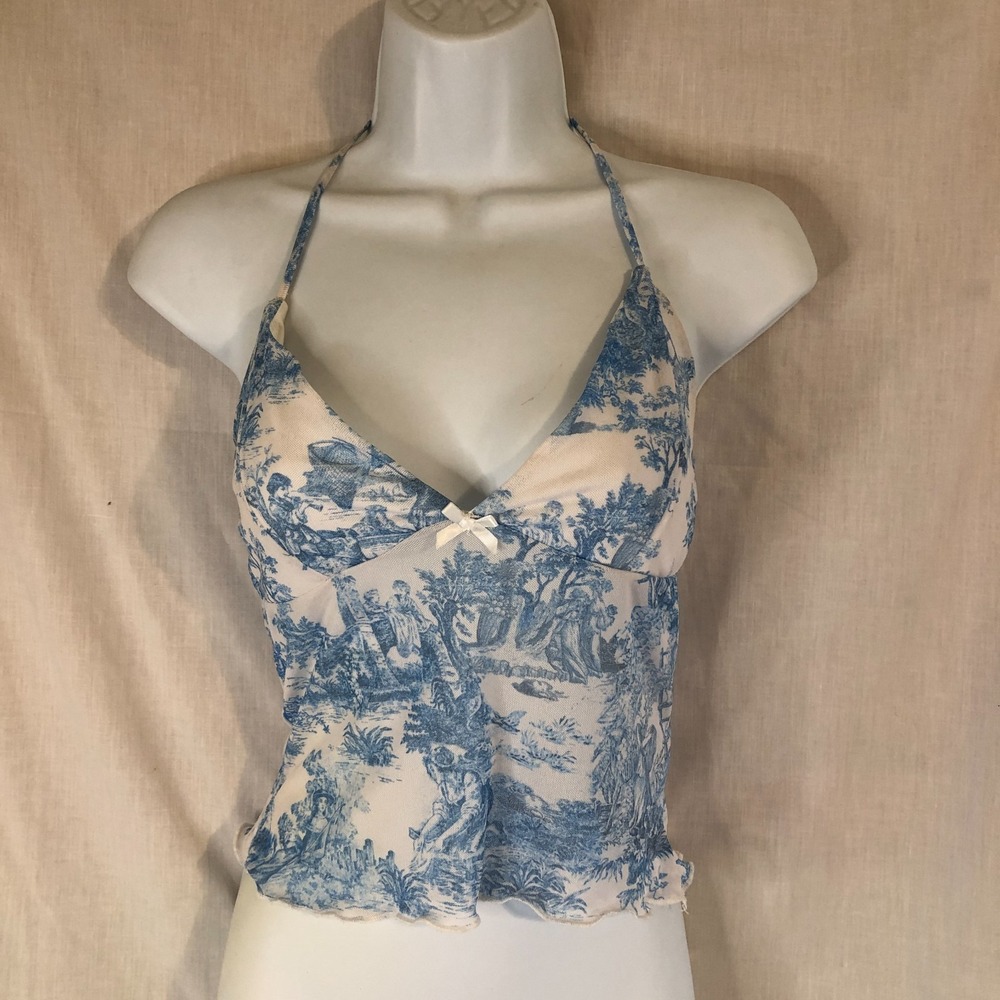 Windsor Halter Top Women Medium Sky Blue Printed Mesh Bow Detail Y2K